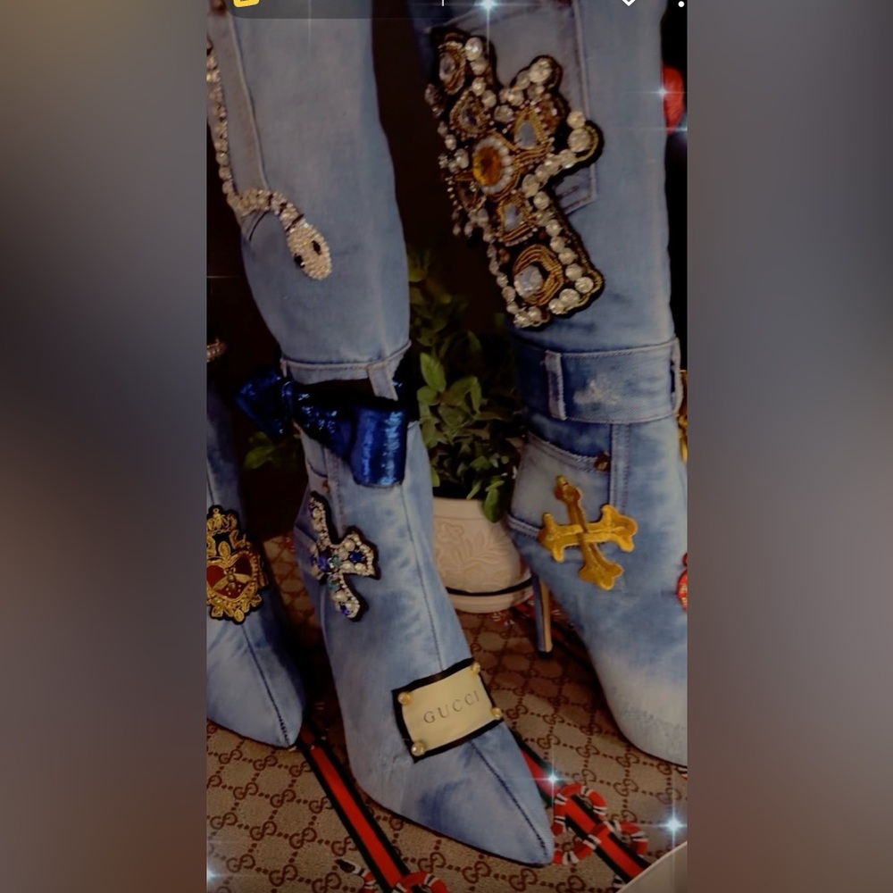 Inspired Denim Embellished Heeled Boots